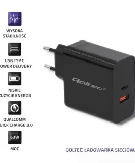 Alternative view of Qoltec зарядно 63W 5-20V, 1.5-3A, USB C