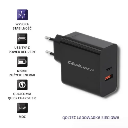Alternative view of Qoltec зарядно 63W 5-20V, 1.5-3A, USB C