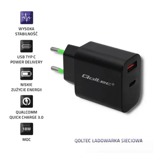 Alternative view of Qoltec зарядно 18W 5-12V, 1.5-3A, USB C