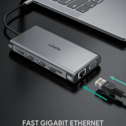 AUKEY HUB CB-C78 aluminum USB-C | 12w1 | RJ45 Ethernet 10/100/1000Mbps | 2xUSB 3.1 | 2xUSB 2.0 | 2xHDMI 4k@30Hz | VGA | SD i microSD | USB-C |