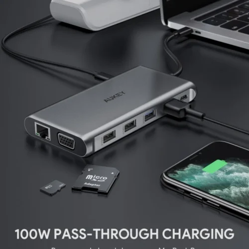 AUKEY HUB CB-C78 aluminum USB-C | 12w1 | RJ45 Ethernet 10/100/1000Mbps | 2xUSB 3.1 | 2xUSB 2.0 | 2xHDMI 4k@30Hz | VGA | SD i microSD | USB-C |