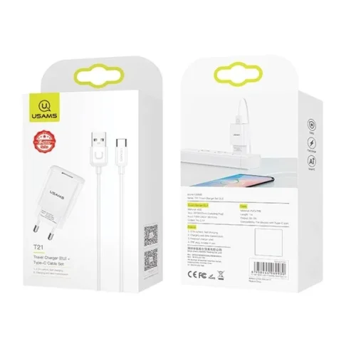 Alternative view of USAMS зарядно 1xUSB USB-C кабел 2,1A T21