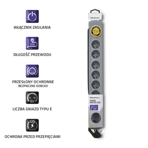 Qoltec Surge protector Quick Switch 8 socket 3m gray