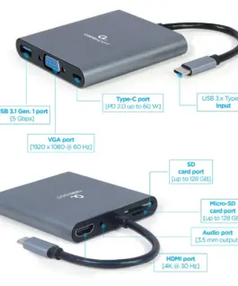 Gembird USB-C Hub HDMI USB-C PD VGA USB 3.0 Audio Card