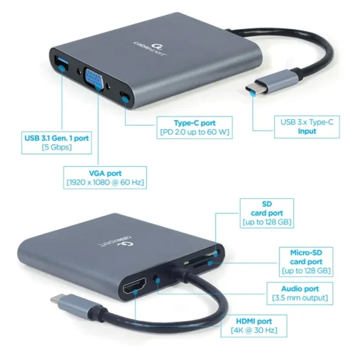 Gembird USB-C Hub HDMI USB-C PD VGA USB 3.0 Audio Card