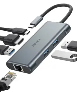 AUKEY Hub USB-C CB-C75 Aluminium | 6w1 | RJ45 Ethernet 10/100/1000Mbps | 3xUSB 3.1 | HDMI 4k@30Hz | USB-C Power Delivery