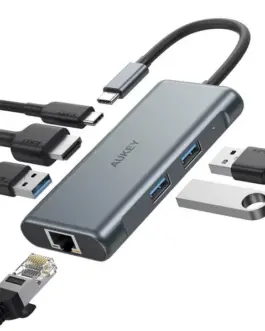 AUKEY Hub USB-C CB-C75 Aluminium | 6w1 | RJ45 Ethernet 10/100/1000Mbps | 3xUSB 3.1 | HDMI 4k@30Hz | USB-C Power Delivery