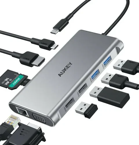 AUKEY Hub USB-C CB-C89 Aluminium | 10w1 | RJ45 Ethernet 10/100/1000Mbps | 4xUSB | HDMI 4k@30Hz | SD i microSD | USB-C Power Delivery