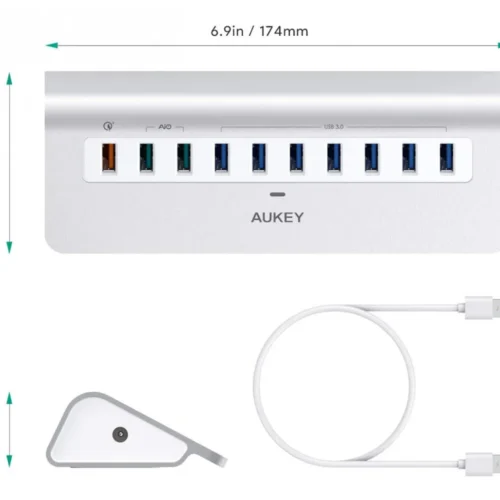 AUKEY Hub 10xUSB CB-H6S aluminium | 10w1 | 7xUSB 3.1 | 2xUSB AiPower | 1xUSB Quick Charge