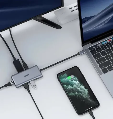 AUKEY Hub USB-C CB-C75 Aluminium | 6w1 | RJ45 Ethernet 10/100/1000Mbps | 3xUSB 3.1 | HDMI 4k@30Hz | USB-C Power Delivery