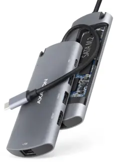 AXAGON Hub HMC-6M2 USB-C 3.2 Gen 1 hub w. M.2 SATA + HDMI + GLAN + 2x USB-A + PD 100W