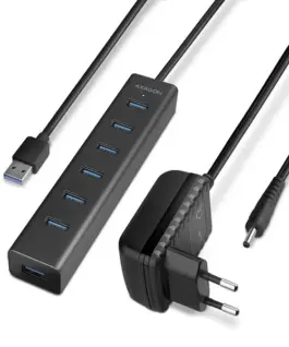 AXAGON Charging Hub HUE-SA7BP 7x USB 3.2 Gen 1 ALU Incl. AC адаптер черен