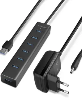 AXAGON Charging Hub HUE-SA7BP 7x USB 3.2 Gen 1 ALU Incl. AC адаптер черен