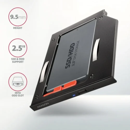 Alternative view of AXAGON RSS-CD09 2.5 SSD/HDD caddy into DVD slot, 9.5 mm, LED, ALU