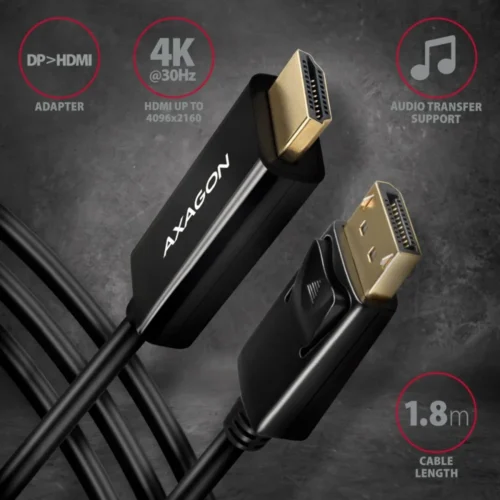 AXAGON DisplayPort > HDMI 1.4 кабел 1.8m 4K/30Hz