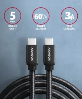 Alternative view of AXAGON AXAGON BUCM3-CM10AB кабел USB-C USB-C 3.2 Gen 1, 1m, PD 60W, 3A, ALU, braid, черен