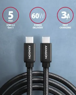 Alternative view of AXAGON AXAGON BUCM3-CM10AB кабел USB-C USB-C 3.2 Gen 1, 1m, PD 60W, 3A, ALU, braid, черен