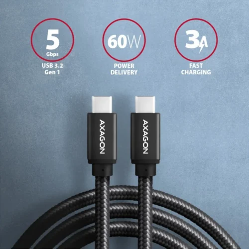 Alternative view of AXAGON AXAGON BUCM3-CM10AB кабел USB-C USB-C 3.2 Gen 1, 1m, PD 60W, 3A, ALU, braid, черен