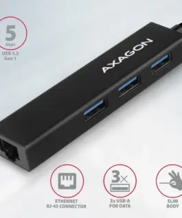 Alternative view of AXAGON Hub HMA-GL3A 3x USB-A + GLAN, USB3.2 Gen 1, metal, 20cm USB-A кабел