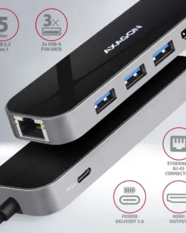 Alternative view of AXAGON HMC-6GL 3x USB-A, HDMI, RJ-45, USB 3.2 Gen 1 hub, PD 100W, 20cm USB-C кабел