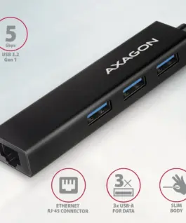 Alternative view of AXAGON Network card HMC-GL3A 3x USB-A + GLAN, USB 3.2 Gen 1 hub, metal, 20cm USB-C кабел