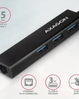 Alternative view of AXAGON Network card HMC-GL3A 3x USB-A + GLAN, USB 3.2 Gen 1 hub, metal, 20cm USB-C кабел
