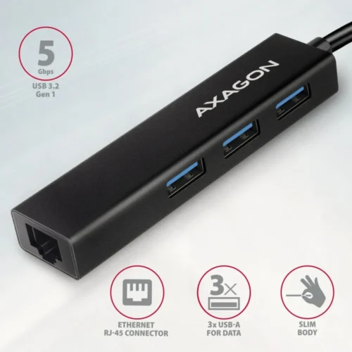 Alternative view of AXAGON Network card HMC-GL3A 3x USB-A + GLAN, USB 3.2 Gen 1 hub, metal, 20cm USB-C кабел
