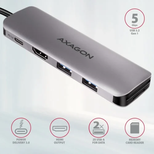 Alternative view of AXAGON Hub HMC-5 2x USB-A, HDMI, SD/microSD, USB 3.2 Gen 1, PD 100W, 20cm USB-C кабел
