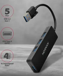 Alternative view of AXAGON HUE-G1A 4x USB3.2 Gen 1 SLIM hub w. 14cm Type-A кабел