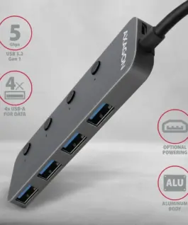Alternative view of AXAGON Hub HUE-MSA 4x USB3.2 Gen 1 SWITCH, metal, micro USB power IN, 20cm USB-A кабел