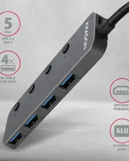 Alternative view of AXAGON Hub HUE-MSA 4x USB3.2 Gen 1 SWITCH, metal, micro USB power IN, 20cm USB-A кабел