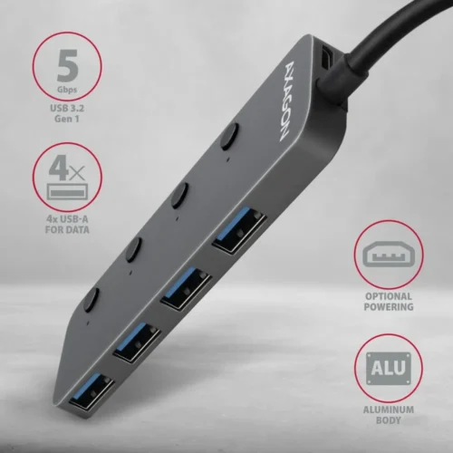 Alternative view of AXAGON Hub HUE-MSA 4x USB3.2 Gen 1 SWITCH, metal, micro USB power IN, 20cm USB-A кабел