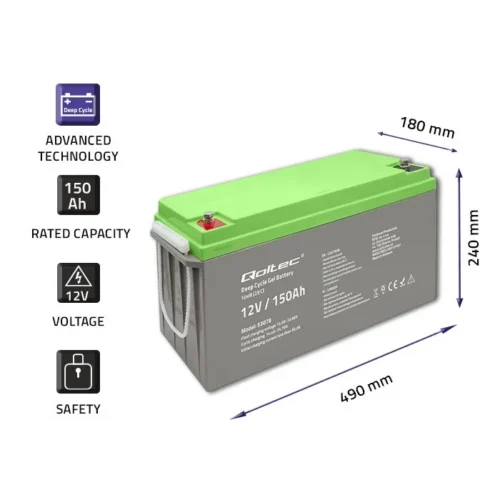 Alternative view of Qoltec Deep Cycle gel battery 12V, 150Ah