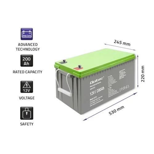 Alternative view of Qoltec Deep cycle gel battery 12V, 200Ah