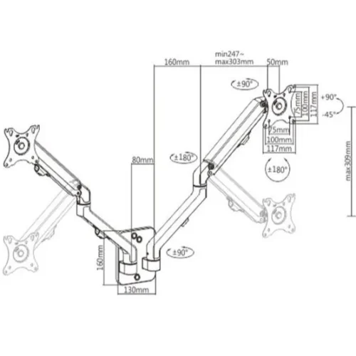 Alternative view of Gembird Adjustable wall 2-display mounting arm, 17 inches-27 inches, up to 7 kg