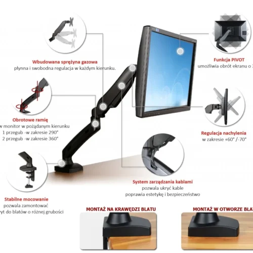 ART Desk handle on gas spring for 1 LCD monitor / LED 13-27 L-11GD