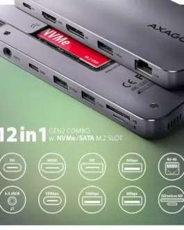 Alternative view of AXAGON HMC-12GM2 USB hub 12in1 10Gbps HDMI DP LAN M.2