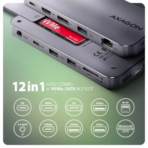 AXAGON HMC-12GM2 USB hub 12in1 10Gbps HDMI DP LAN M.2