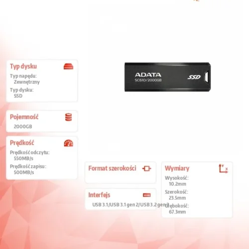 Adata външен SSD SC610 2000 GB USB3.2A Gen2 черен