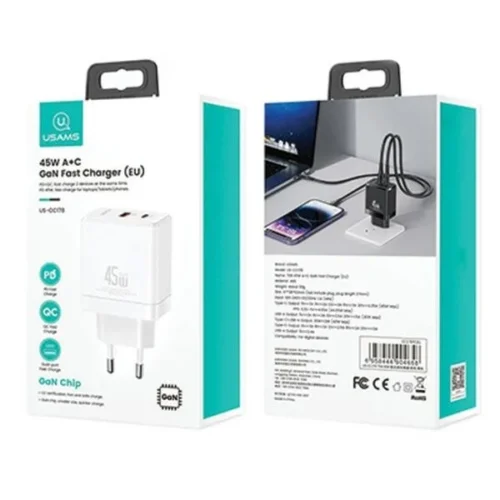 Alternative view of USAMS Charging USB-C+USB-A 45W GaN PD 3.0 Fast Whi