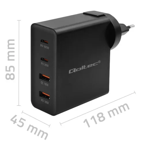 Qoltec GaN POWER PRO зарядно 2xUSB C