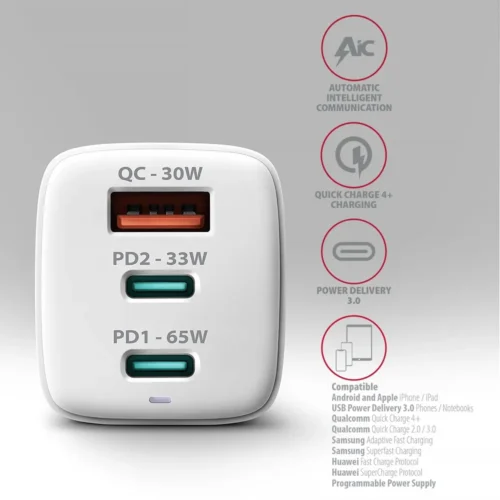 AXAGON ACU-DPQ65W GaN 3xport мрежово зарядно 65W бял