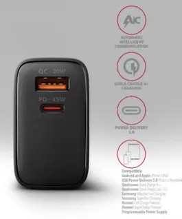 AXAGON ACU-PQ45 PD&QC 2-port мрежово зарядно 45W черен