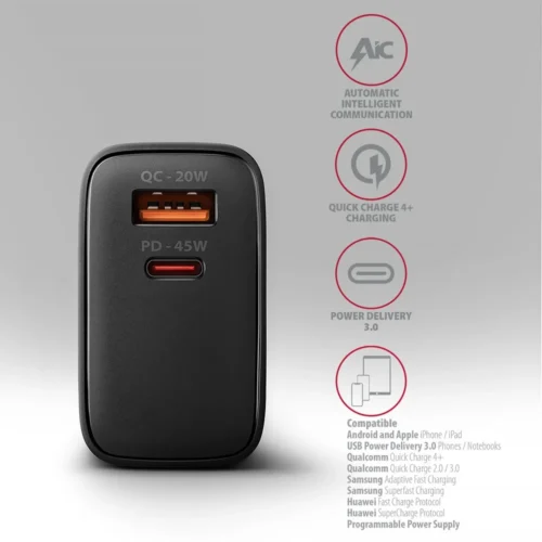 AXAGON ACU-PQ45 PD&QC 2-port мрежово зарядно 45W черен