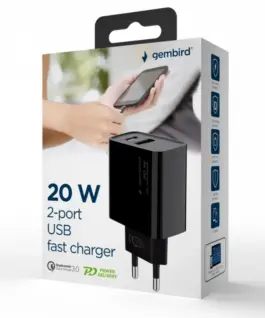Alternative view of Gembird Power Delivery зарядно USB-A USB-C 20W черен