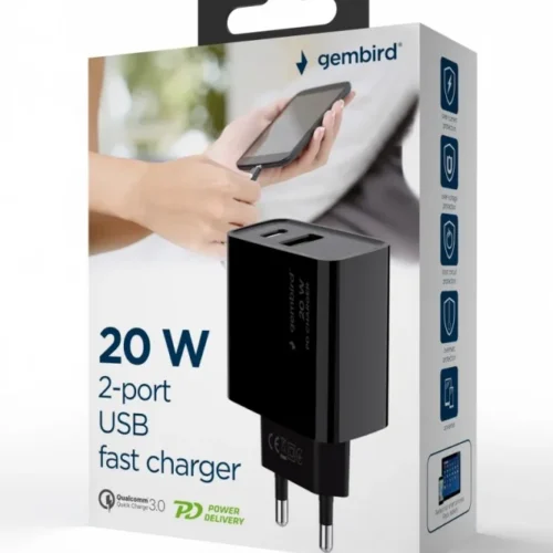 Alternative view of Gembird Power Delivery зарядно USB-A USB-C 20W черен