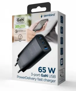 Alternative view of Gembird Power Delivery зарядно 1xA 2xC GaN 65W черен
