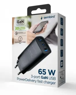 Alternative view of Gembird Power Delivery зарядно 1xA 2xC GaN 65W черен