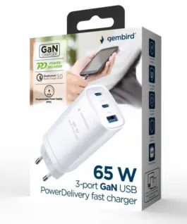Alternative view of Gembird Power Delivery зарядно 1xA 2xC GaN 65W бял