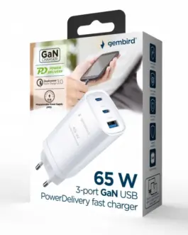 Alternative view of Gembird Power Delivery зарядно 1xA 2xC GaN 65W бял